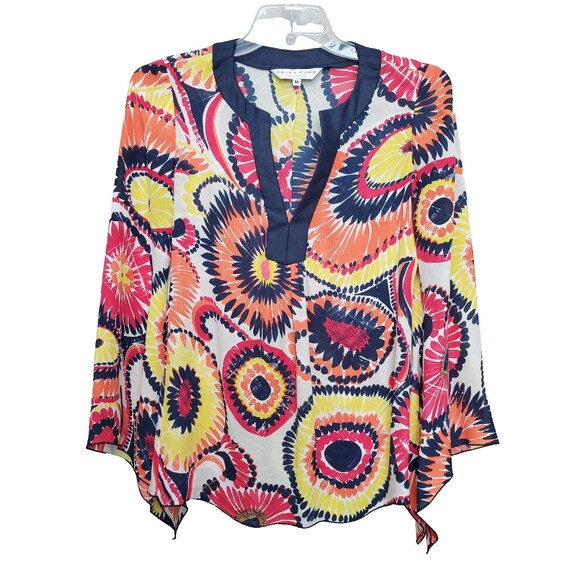 Trina Turk Silk Floral Printed Split Neck Flared Sleeve Blouse Size Medium Boho - Picture 1 of 5